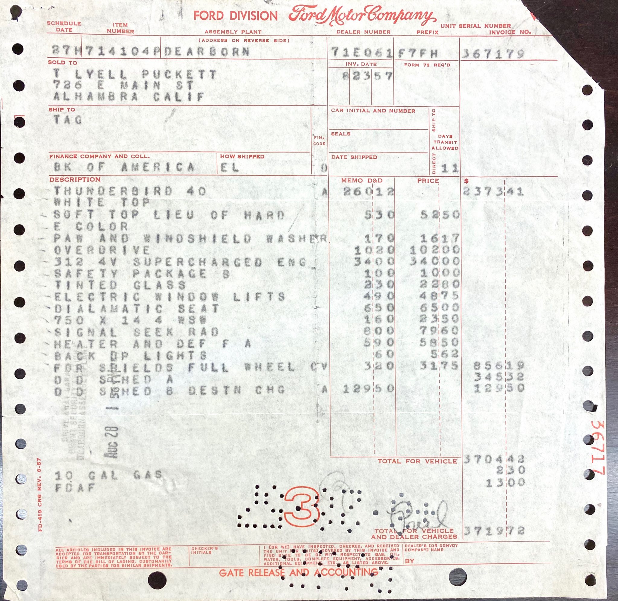 1957 Ford Thunderbird F-Code Original Invoice