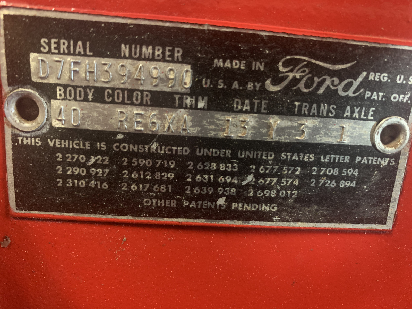 1957 Ford Thunderbird VIN plate