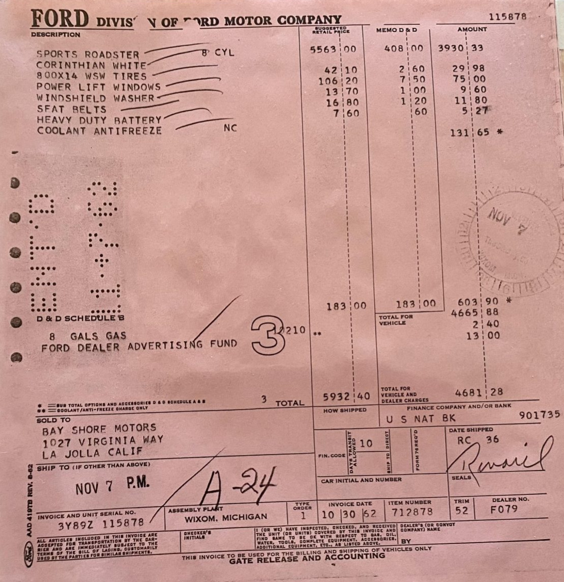 1963 Ford Thunderbird Sports Roadster Invoice