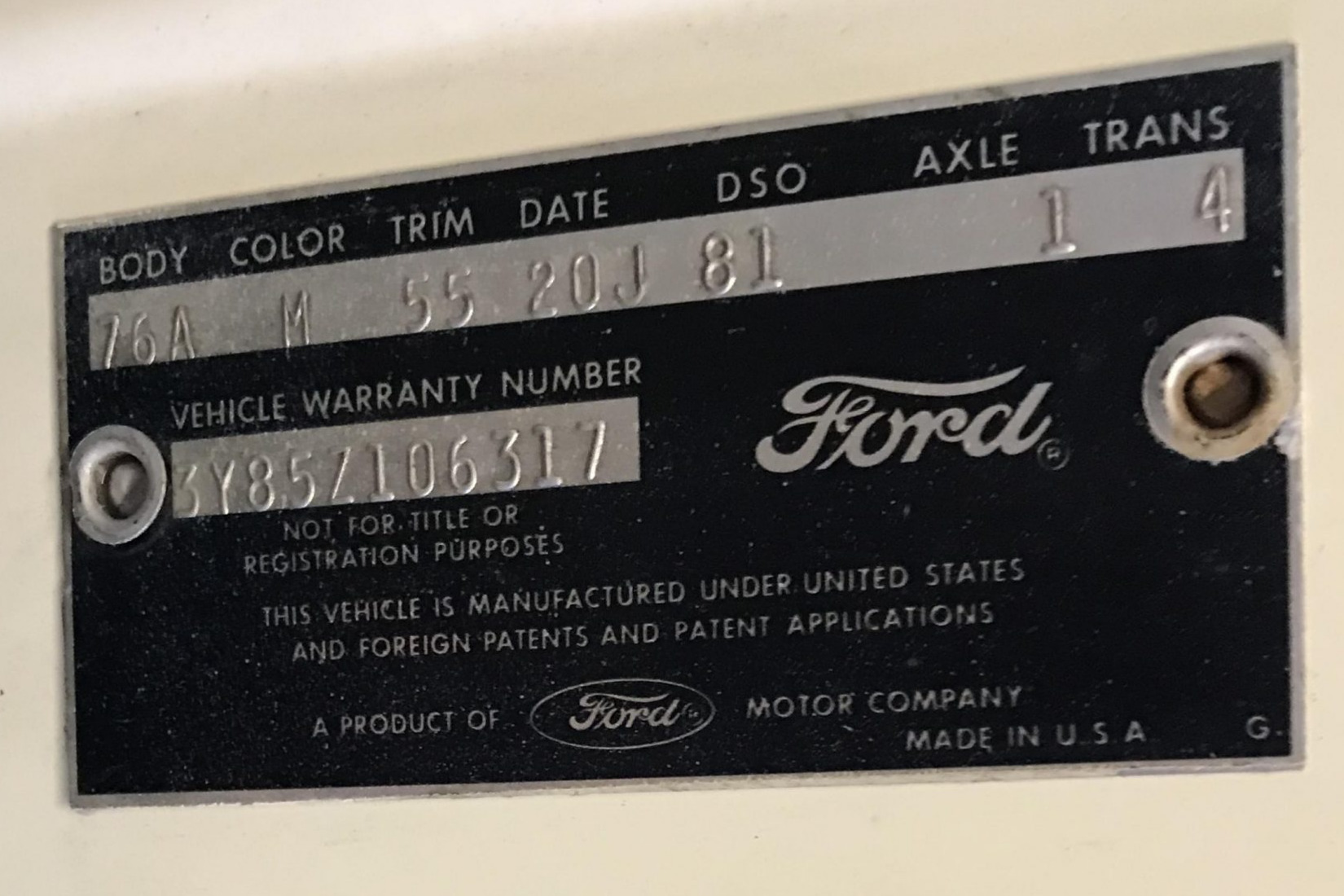 1963 Ford Thunderbird VIN Plate