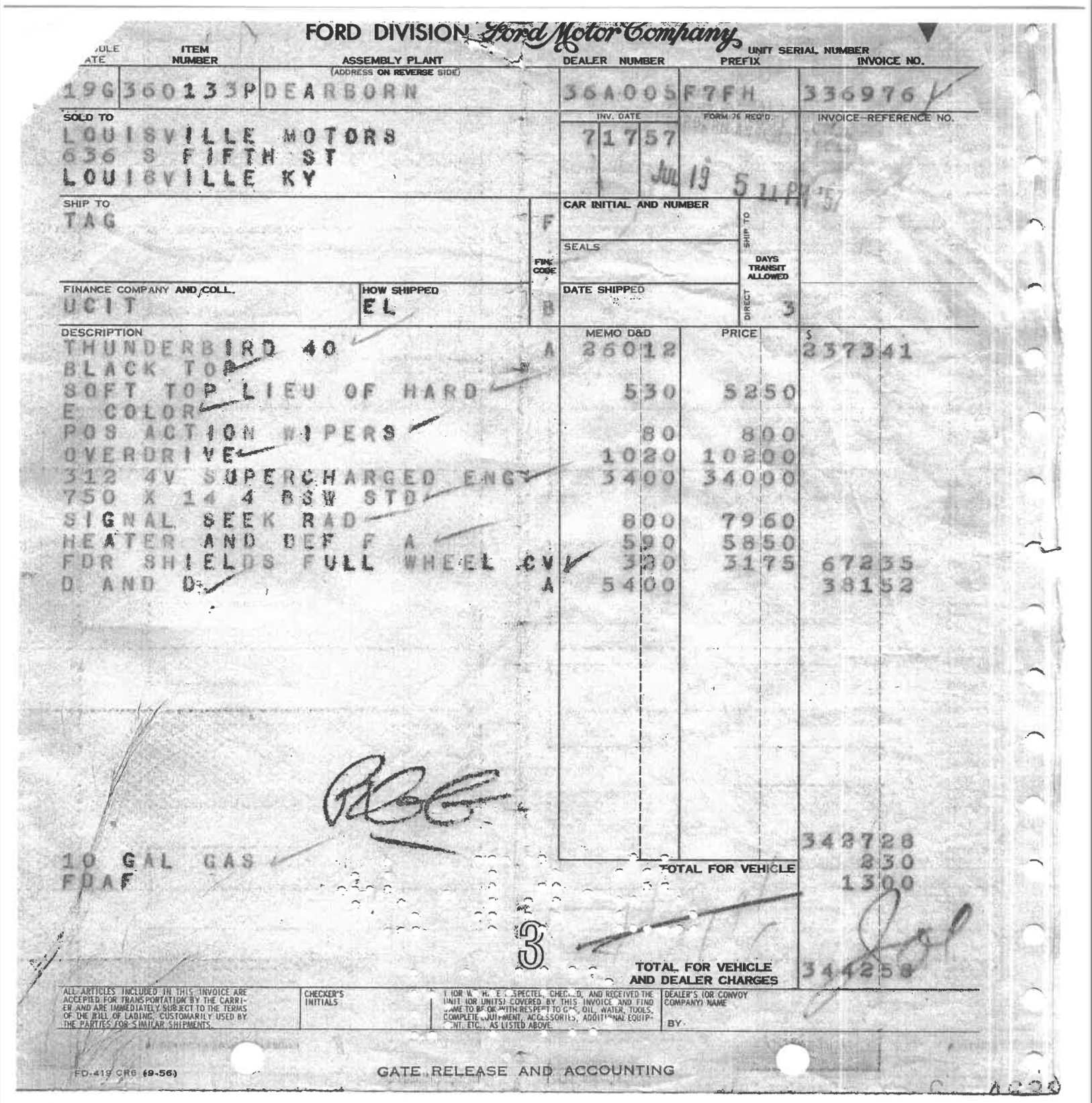 Ford Thunderbird F-Code Factory Invoice