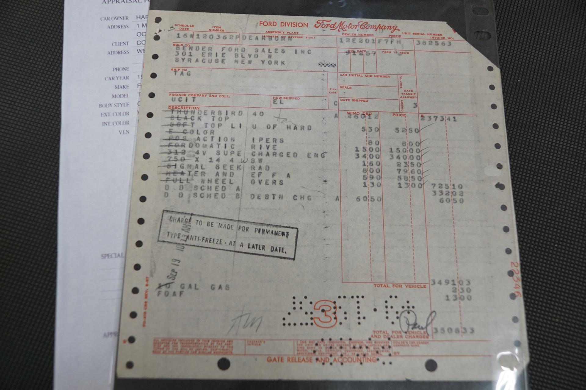 Supercharged 1957 Ford Thunderbird-F-Code Invoice Sales